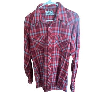 Vintage Westerner Mens Red Plaid Pearl Snap Western Shirt Long Tail 70s 80s